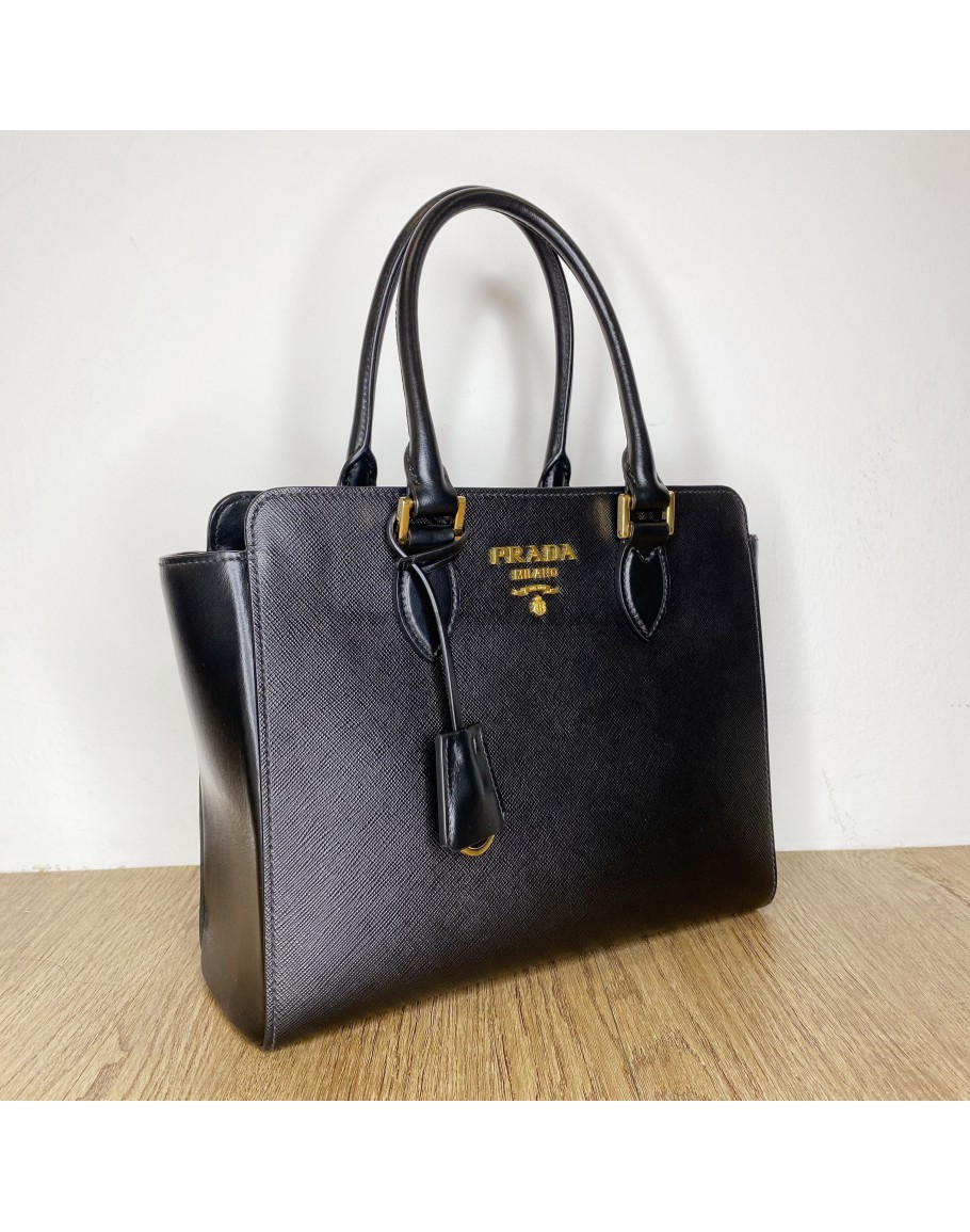 PRADA 1BA113 Black Saffiano + Soft Calfskin Tote Bag with